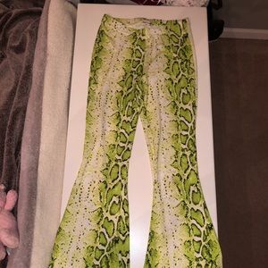Snake pattern neon green flare pants